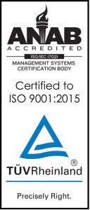 ANAB Accredited ISO: Management Systems Certification Body. Certified to ISO 9001:2015. TUVRheinland: Precisely Right.