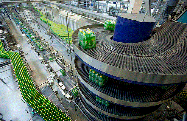 Overhead view of conveyor belt and bottling production line